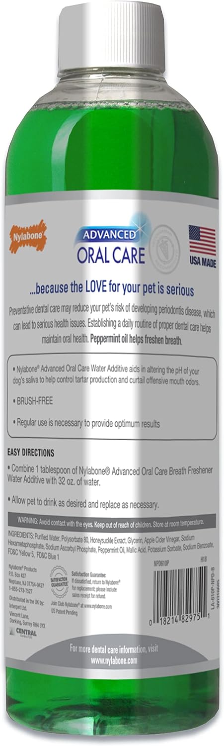 Nylabone Advanced Oral Care Pet Dental Water Additive, Liquid Tartar Remover & Breath Freshener for Dogs, Dog Teeth-Cleaning, Peppermint Flavor,