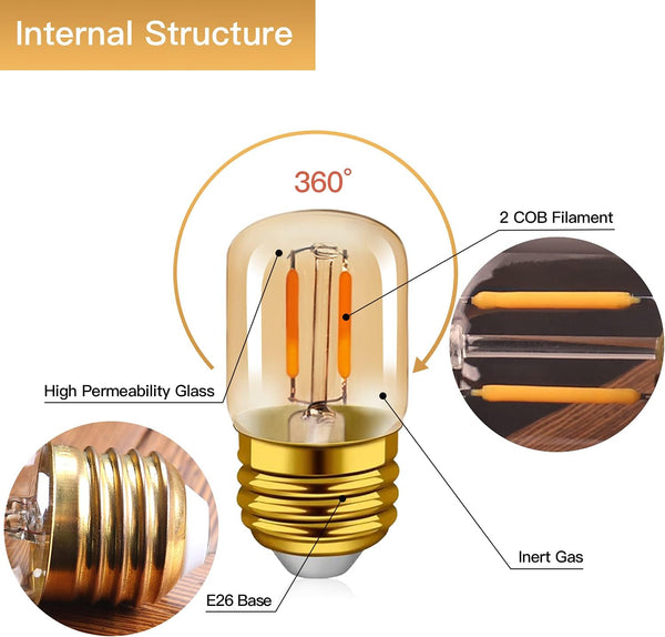 E26 LED Amber Night Light Bulbs 1W, T28 Mini Edison Tube Lamp 2200K Warm, 10W Incandescnet Equivalent,Non-Dimmable Replacement Decorative Bulb
