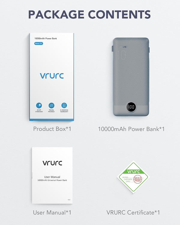 VRURC Portable Charger Built-In Cables and AC Wall Plug, USB C Power Bank 10000Mah, Travel Battery Portable Phone Charger Compact Lightweight
