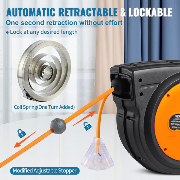 VEVOR Retractable Extension Cord Reel, 65 FT, Heavy Duty 12AWG/3C SJTOW Power Cord, with Lighted Triple Tap Outlet, 15 Amp Circuit Breaker, 180°