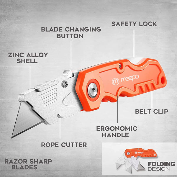 M MEEPO Box Cutter, 4-Pack Tough Folding Box Cutter for Heavy Duty Purpose, Razor Sharp Blade, Comfortable Handle, with Extra 10-Piece Blades, Can