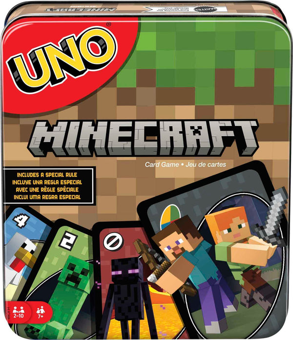 Mattel Games UNO Card Game, Gifts for Kids and Family Night, Themed to Minecraft Video Game, Travel Games, Storage Tin Box (Amazon Exclusive) UNO