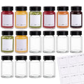 Glxgow 16 Pack 2 oz Glass Shot Bottles with Black Lids & Labels, Wide Mouth 60 ml Small Glass Bottles for Ginger, Leakproof Travel Mini Clear Jars