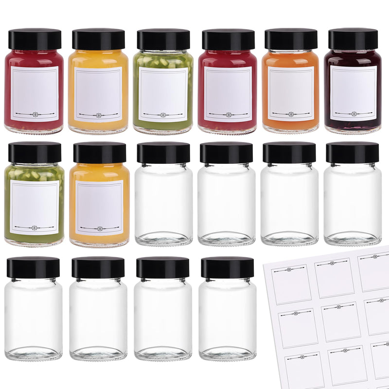 Glxgow 16 Pack 2 oz Glass Shot Bottles with Black Lids & Labels, Wide Mouth 60 ml Small Glass Bottles for Ginger, Leakproof Travel Mini Clear Jars