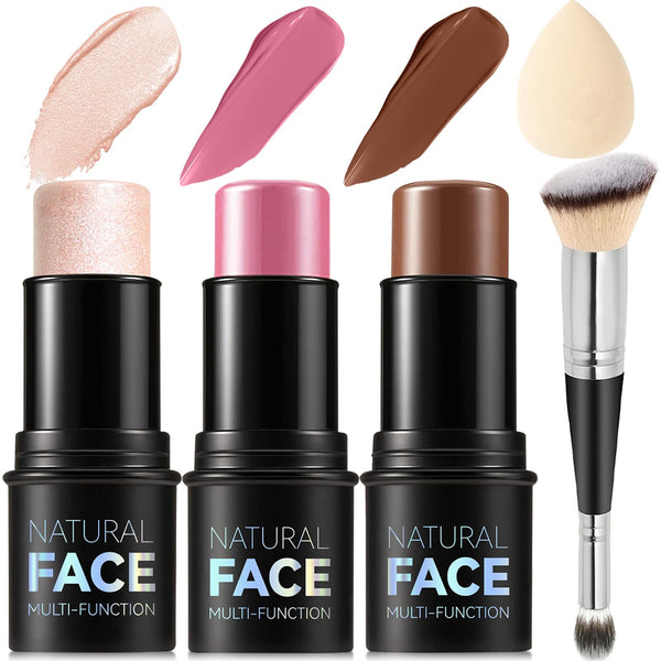 3Pcs Cream Contour Stick Makeup Kit, Shades with Highlighter, Blush and Bronzer Contour Stick for Sculpt the Cheeks, Long Lasting, Waterproof,
