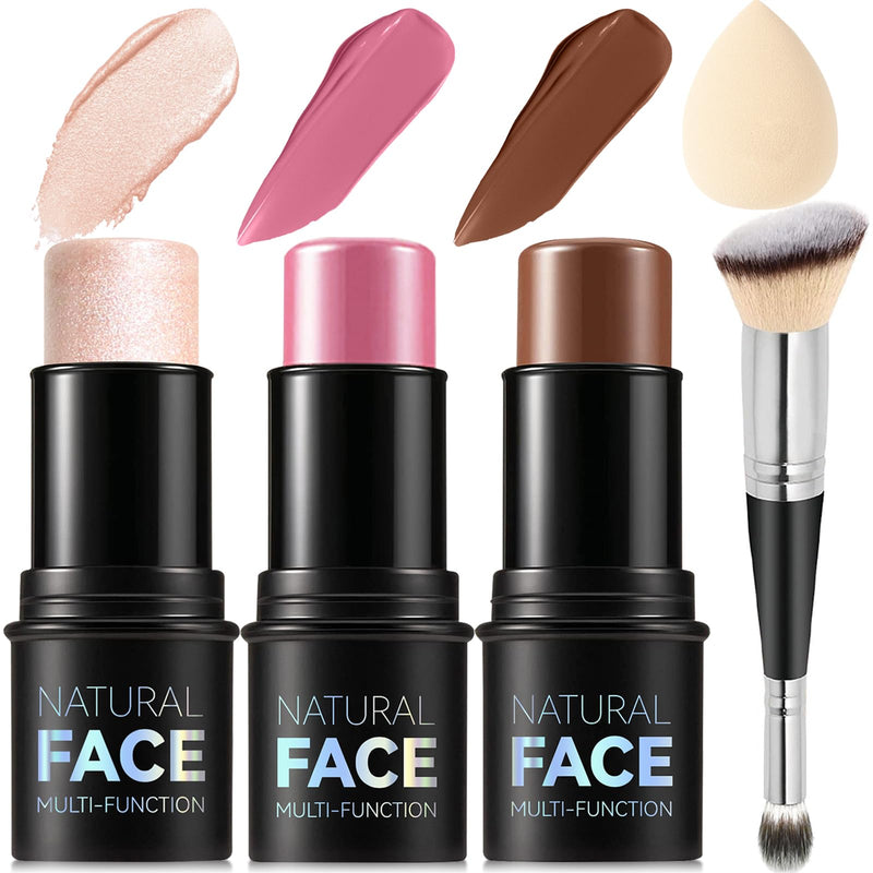3Pcs Cream Contour Stick Makeup Kit, Shades with Highlighter, Blush and Bronzer Contour Stick for Sculpt the Cheeks, Long Lasting, Waterproof,