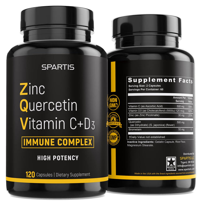Zinc Quercetin 500Mg with Vitamin C Vitamin D3 Bromelain Immune Support High Pot