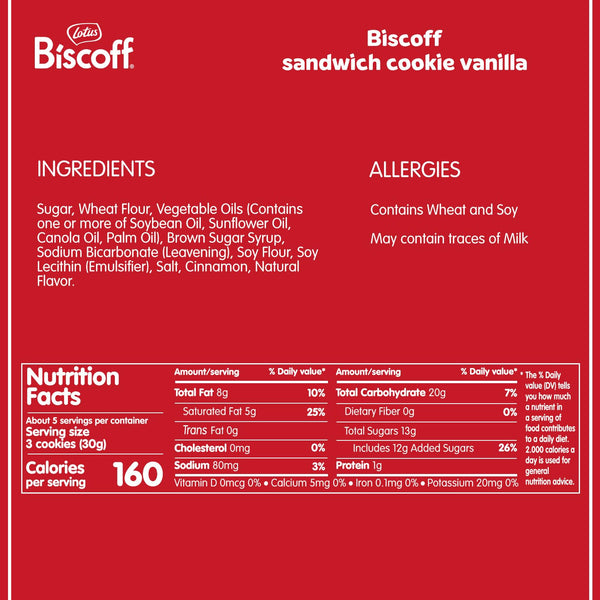 Lotus Biscoff Sandwich Cookies, Vanilla, 22 Cookies per pack, 7.76 Ounce Vanilla 11 Count (Pack of 2)