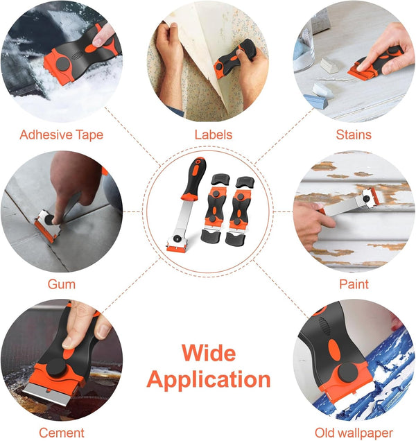 Ywmoml 3 Pack Razor Blade Scraper Set, Includes 30 Plastic & 30 Metal Blades, Multi-Purpose Tool for Glass, Cooktop, Sticker Removal, Paint & Gum