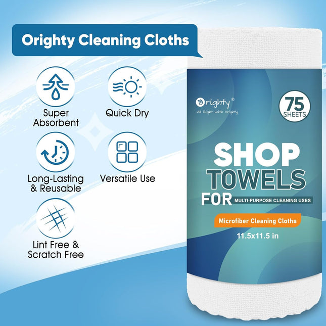 Orighty Microfiber Cleaning Cloths, 75 Sheets Shop Towels, Reusable Paper Towels