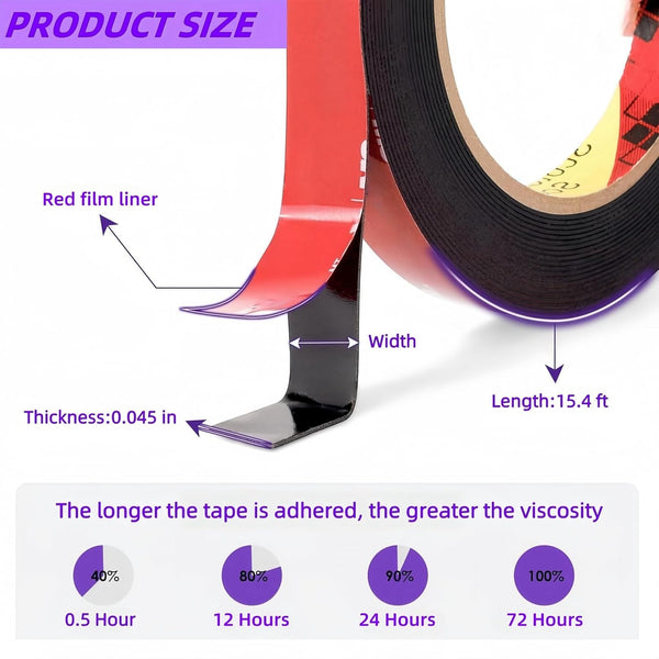 Gasenvan Double Sided Tape Heavy Duty, Mounting Adhesive Tape 1/4 in x 15.4 ft, Waterproof Adhesive Strip Tape for Indoor & Outdoor, Automotive