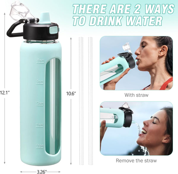 Kodrine 32 Oz Glass Water Bottle with Straw and Carry Loop, One-Touch Leakproof Locking Lid, Reusable Drinking Bottle with Time Marker for Travel