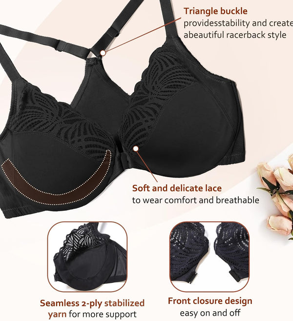 DotVol Women's Front Close Bra T Back Full Figure Underwire Plus Size Seamless Unlined Bra for Large Bust 34DD Black