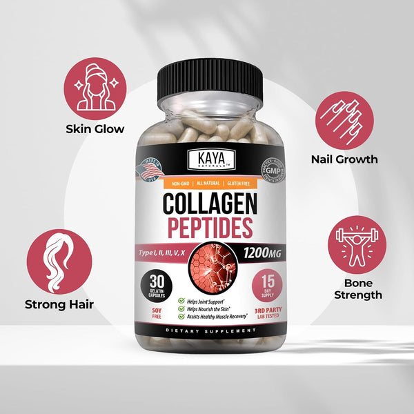 Kaya Naturals Multi Collagen Peptides Complex Powder for Women and Man, Vital for Hair, Skin, Nails, and Anti-Aging, Types I, II, III, V & X