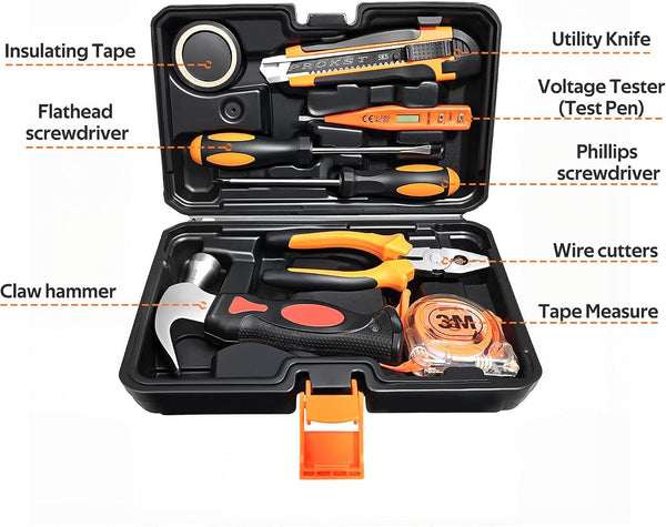 8 Piece Hand Tool Set, High Strength Steel Tools for Home Repair, Car Maintenance, Furniture Assembly with Convenient Storage Case, Basic Tool Kit