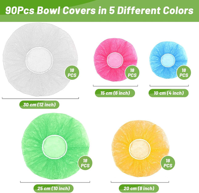 90Pcs Reusable Elastic Food Bowl Storage Covers, Sublaga Bowl Covers, Variety of 5 Translucent Stretchable Sizes and Col