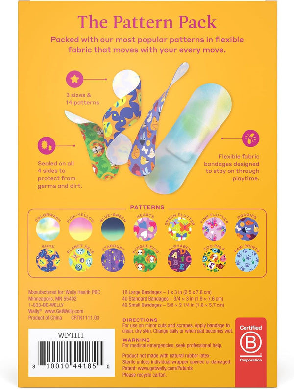Welly Bravery Badge Value Pack | Adhesive Flexible Fabric Bandages | Assorted Shapes and Patterns for Minor Cuts, Scrapes, and Wounds - 100 Count