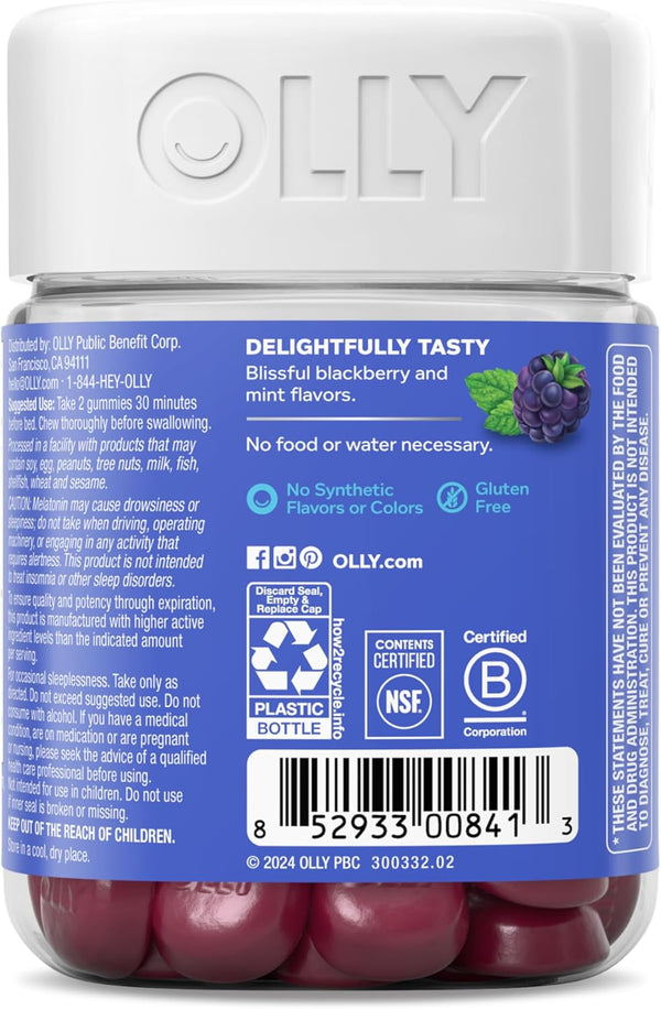 OLLY Extra Strength Sleep Gummy, 5 Mg Melatonin, L-Theanine, Chamomile, Lemon Balm, Sleep Aid, Blackberry - 50 Count