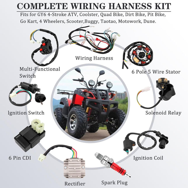 Complete Wiring Harness Kit for ATV Quad 4 Stroke 50Cc 70Cc 90Cc 110Cc 125Cc Pit Quad Dirt Bike Go Kart Quad Wire Harnes