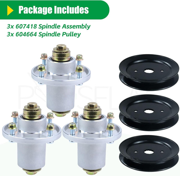 3 Pack 607418 Spindle Assembly with 604664 Pulley Replaces Hustler 607418 Spindle 607418, 601804 Hustler 601804 Spindle Assembly, Hustler Raptor