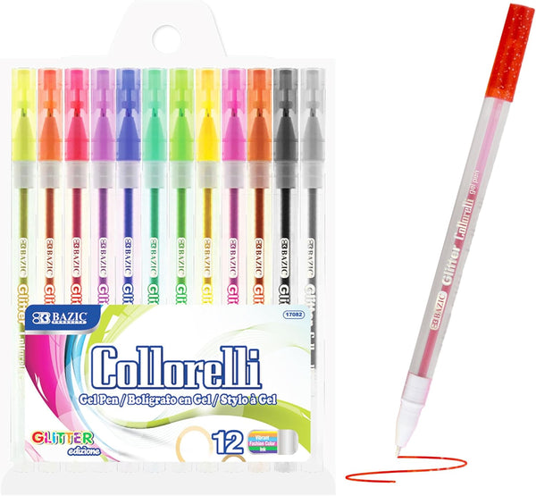 BAZIC Collorelli Gel Pen 1.0Mm Glitter Color, Acid Free Smooth Writing for Drawing Coloring Greeting Card Art Christmas Gift (12/Pack), 1-Pack