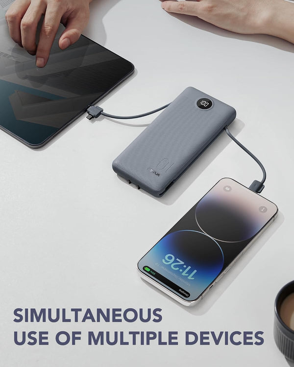 VRURC Portable Charger Built-In Cables and AC Wall Plug, USB C Power Bank 10000Mah, Travel Battery Portable Phone Charger Compact Lightweight