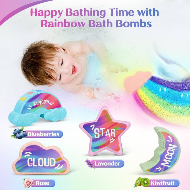 Rainbow Bath Bombs for Kids - 4 Pcs Handmade Natural Kids Bath Bombs, Organic Bu