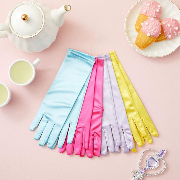 Juvale 4 Pairs of Satin Princess-Style Gloves For Little Girls Dress Up Costumes, Tea Party, Birthday, Wedding, Pageant (4 Colors), For Ages 3+