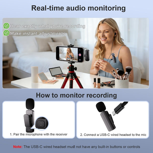 2-Pack Wireless Mini Lavalier Lapel Microphone for iPhone,iPad(Lightning) - 65ft Cordless Clip on Dual Mics with Noise Reduction 6H Working Time