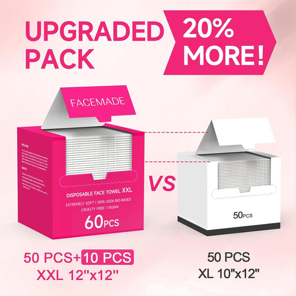 FACEMADE 60 Count XXL Face Towels Disposable 12" × 12" | 20% Larger and 20% More than Others | Lint-free and Odor-free | Soft and Clean, Perfect