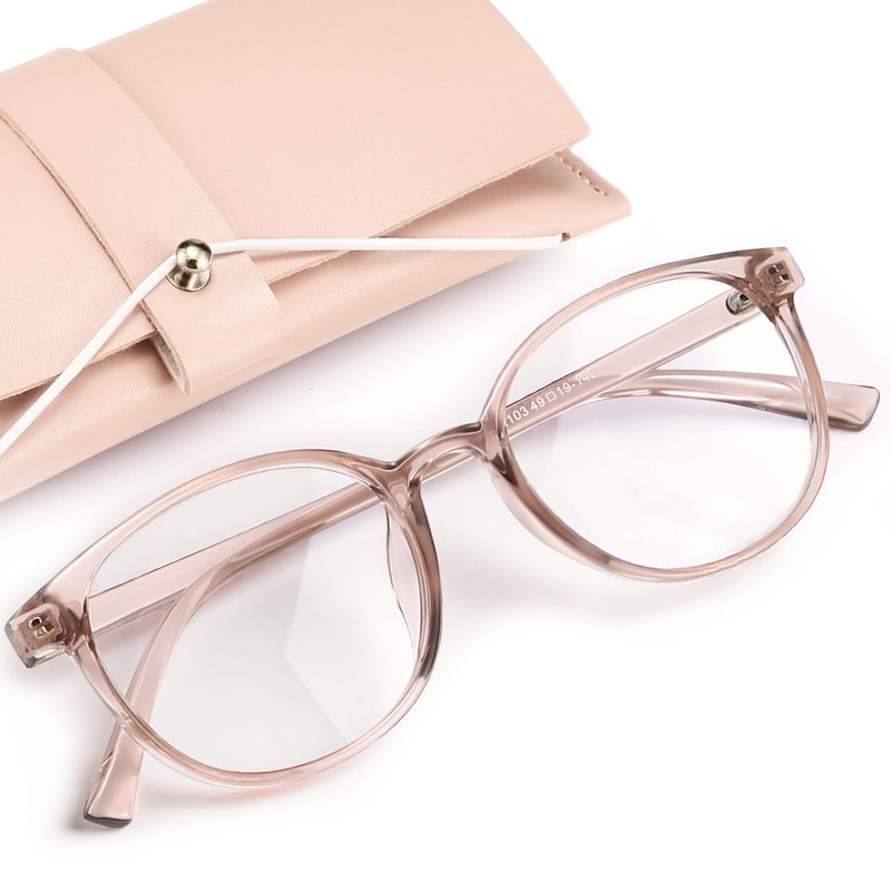 miyya Blue Light Blocking Glasses Women, Fashion Round Transparent Anti Blue Light Glasses with Anti Eyestrain & UV Glare *Flesh Pink Clear