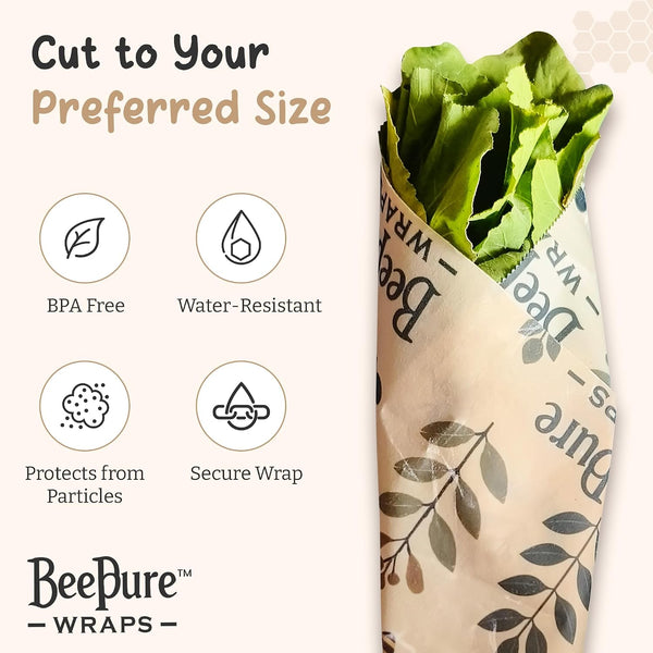 BeePure Reusable Beeswax Food Wrap - Eco-Friendly, Sustainable Wrap Roll (15"x80") - Plant & Bee Pattern for Food Storage BP-ROLL-NATURE