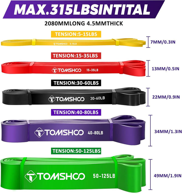 TOMSHOO 5 Packs Pull up Assist Bands, Resistance Bands with Straps Handles and Door Anchor, Stretch Bands,Exercise Bands with Guide for Fitness