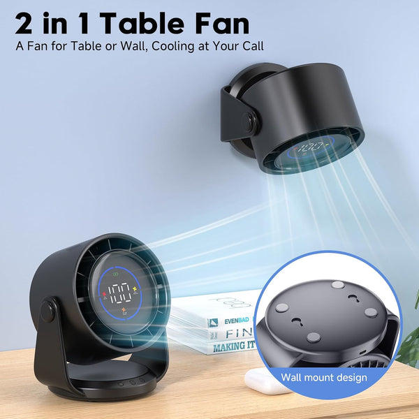 Desk Fan, Turbo Table Fan for Bedroom, 100-Speed Digital Display, Low Noise, 105° Adjustable Tilt, 7.5-inch, Rechargeable Battery, Wall-Mouted