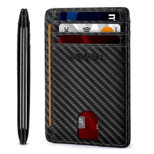 RUNBOX Slim Wallet for Men and Women, RFID Blocking Leather Card Holder Carbon Fiber Black