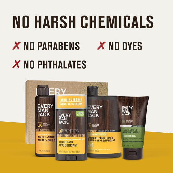 Every Man Jack Bath and Body Shower Gift Set for Men, Amber Sandalwood | Hydrating Body Wash, 2-in-1 Shampoo Conditioner, Aluminum-Free Deodorant,