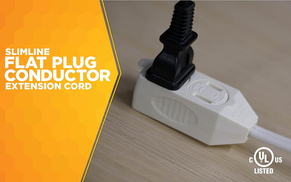 Woods SlimLine Extension Cord - 16/3 Indoor Flat Plug with Right Angled Design - 3 Polarized Outlets - PVC Jacket - Space Saving - Neutral White -