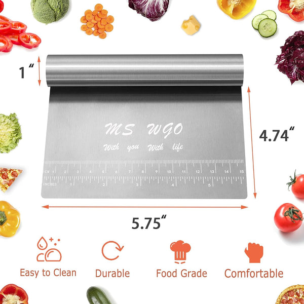 Pro Dough Pastry Scraper/Cutter/Chopper Stainless Steel Mirror Polished with Measuring Scale Multipurpose- Cake, Pizza Cutter - Pastry Bread