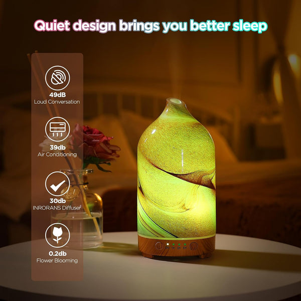 Essential Oil Diffuser Hand Blown Glass Aromatherapy Diffuser - Ultrasonic Cool Mist Scent Aroma Diffuser, Whisper Quiet with Auto Shut-Off, Timer