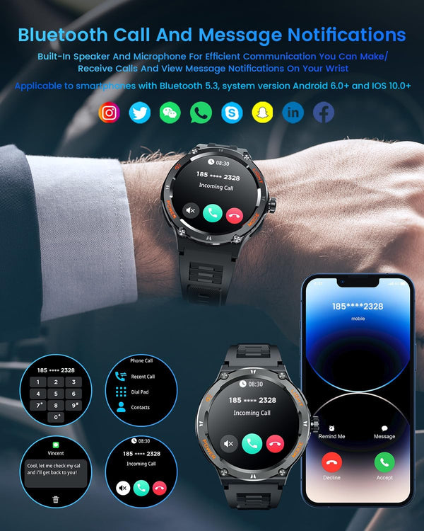Smartwatch Men Fitness Tracker Watch: Smart Watches 1.53" round Touchscreen 3ATM Waterproof LED Flashlight Bluetooth Call Heart Rate Blood