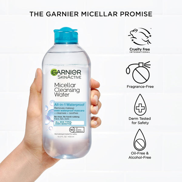 Garnier Micellar Water For Waterproof Makeup, Hydrating Facial Cleanser & Makeup Remover, Suitable for Sensitive Skin, Vegan, Cruelty Free, 13.5