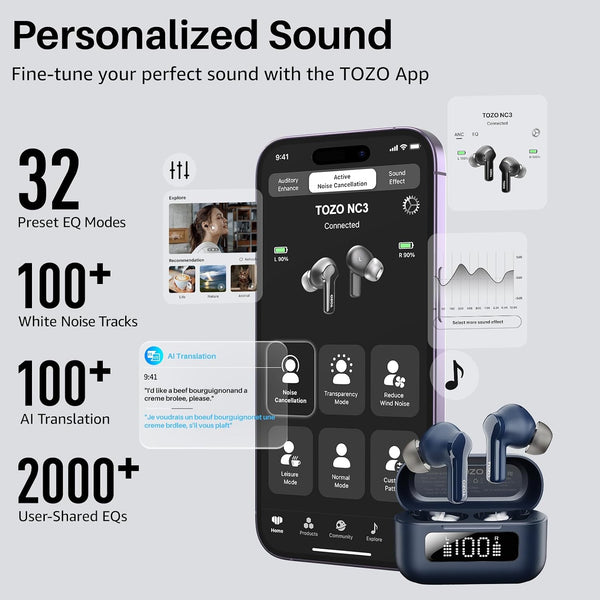 TOZO Hybrid Active Noise Cancelling Wireless Earbuds with 6 Mics AI Clear Call Ear Buds 55H Playtime with LED Display 32 Preset Eqs via APP