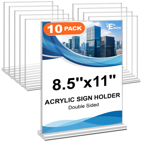 EHWINE Acrylic Sign Holder 8.5 x 11, 10 Pack Double-Sided Stand up Table Top Sign Holders, Clear Acrylic Picture Frame Menu Flyer Paper Holder