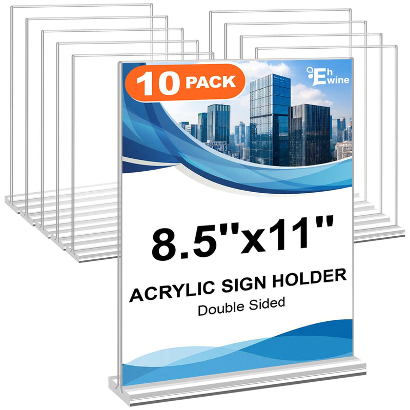 EHWINE Acrylic Sign Holder 8.5 x 11, 10 Pack Double-Sided Stand up Table Top Sign Holders, Clear Acrylic Picture Frame Menu Flyer Paper Holder