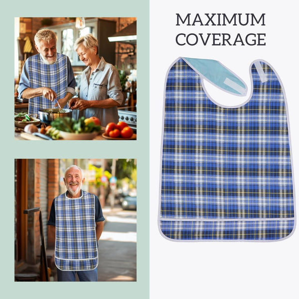 Modaliv Premium Adult Bib, Extra Large, Waterproof & Reusable, Blue | Clothing Protector with Crumb Catcher, Machine Washable Adaptive Dining Bib