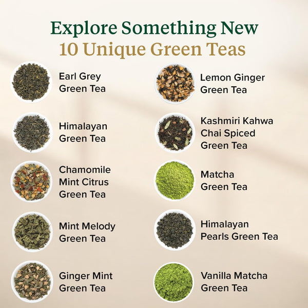 VAHDAM Green Tea Loose Leaf Sampler|10 Premium Teas in a Gift Box(50+ Cups) Green Tea Sampler - 10 Teas 10 Count (Pack of 1)