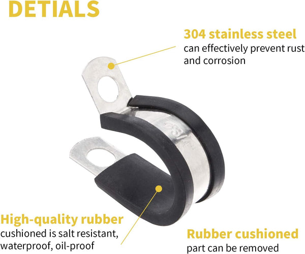 60pcs Wire Clamps Assortment Kit, Stainless Steel 304 Rubber Cushion Cable Clamps Assorted in 7 Sizes 1/4'' 5/16'' 3/8'' 1/2'' 5/8'' 3/4'' 1'',
