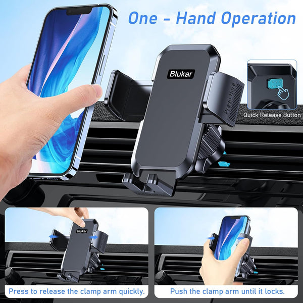 Car Phone Holder Mount, Super Stable Air Vent Cell Phone Car Mount with 2025 Metal Hook Clip, 360Â° Rotation,One Button Release for Iphone,