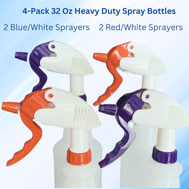 Spray Bottles Heavy Duty - 4 Pack 32 Oz, Empty Spray Bottles for Cleaning, Chemical Resistant HDPE, Industrial-Grade Spr