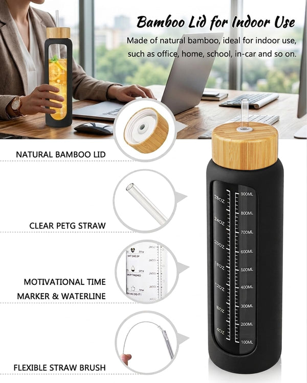 Nefeeko 32 oz Glass Water Bottles with Straw, Time Marker, Motivational 1 Liter BPA FREE Leakproof Reusable Glass Water Bottle with Silicone